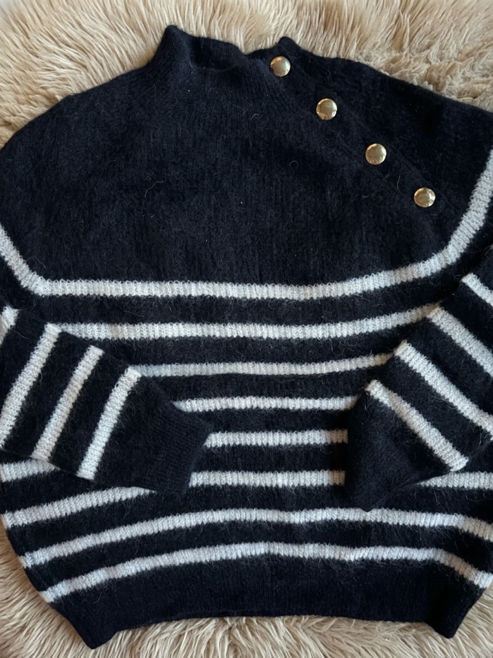 Sézane Trudy Sweater Marine Ecru Navy Stripe Gold Buttons Size M